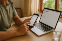 Personne qui rédige une annonce sur ordinateur et téléphone